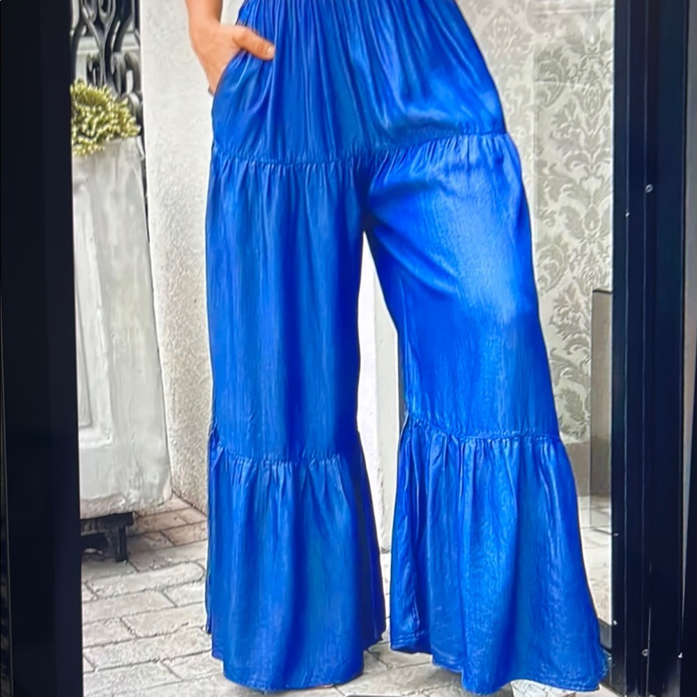 056. Electric Blue Wide Leg Pants with Ruffled Tiers